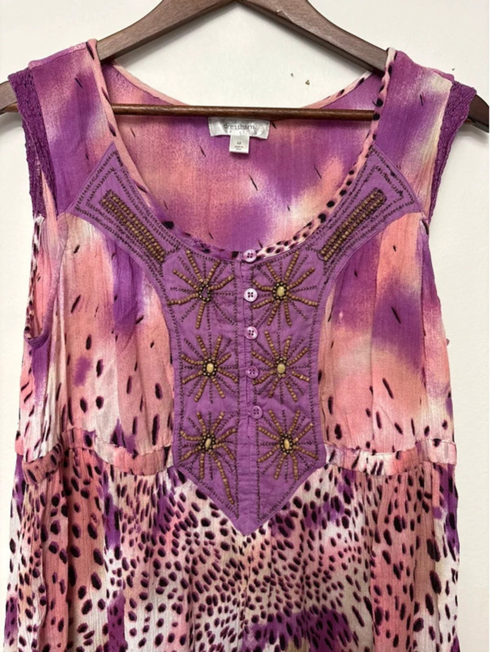 Dressbarn Pink Purple Beaded Boho Sleeveless Tunic Top Size Medium Y2K Festival